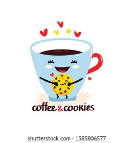 Cute vector illustration of cup of coffee holds cookies. Happy kawaii character with smiling face, hearts and text - coffee time. Card, poster, print design.