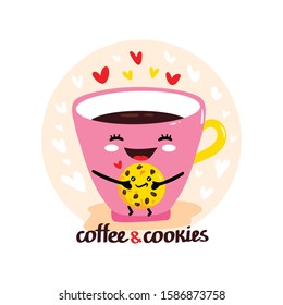 Cute vector illustration of cup of coffee holds cookies. Happy kawaii character with smiling face, hearts and text - coffee time. Card, poster, print design.