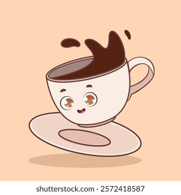 cute vector illustration of a cup of coffee with a happy face and a plate underneath