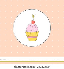 Cute vector illustration of cupcake with cherry on polka dot background. Vintage invitation card.