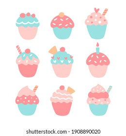 Cute vector illustration with cupcakes set. Pink and blue pastel colour. Sweet dessert set for your own design happy birthday concept. Doodle style. For greeting cards, poster, blog