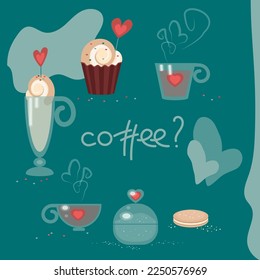 Coffee? Cute vector illustration with cups of coffee, sweets and hearts.