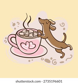 Cute Vector Illustration Of Dachshund Dog With Cup Of Hot Chocolate And Marshmallows. Cozy Hand Drawn Cartoon Style Perfect For Coffee, Winter, Hygge, Pet And Cute Designs