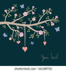 Cute vector illustration in dark tones. Branch with leaves and pink flowers, butterfly, heart. Can be used for celebration postcard, wedding invitation, etc.