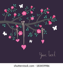 Cute vector illustration in dark tones. Branch with leaves and pink flowers, butterfly, hearts. Can be used for celebration postcard, wedding invitation, etc.