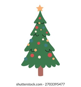 Cute vector illustration of a decorated Christmas tree with colorful ornaments and a star on top. Simple festive holiday design, perfect for greeting cards, stickers, promo and seasonal decorations