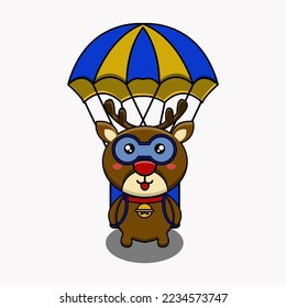 cute vector illustration of deer mascot with parachuting