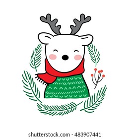 Cute vector illustration with deer and red scarf in Christmas day.