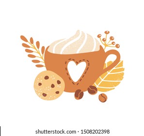 Cute vector illustration of a delicious beverage with whipped cream, crunchy chocolate cookie, and decorative leaves, plants and coffee beans. Autumn colors and trendy doodle flat style. Fall season.