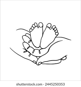 Cute vector illustration depicting hands holding baby's feet. Black and white line graphics, drawing on a white background.