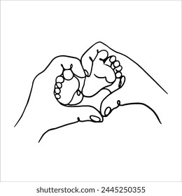 Cute vector illustration depicting hands holding baby's feet. Black and white line graphics, drawing on a white background.