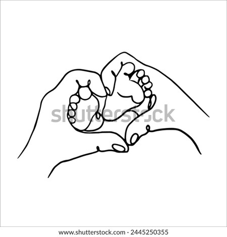 Cute vector illustration depicting hands holding baby's feet. Black and white line graphics, drawing on a white background.