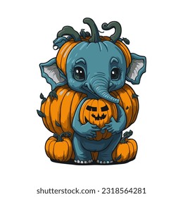 cute vector illustration design of elephant mascot wearing halloween pumpkin costume