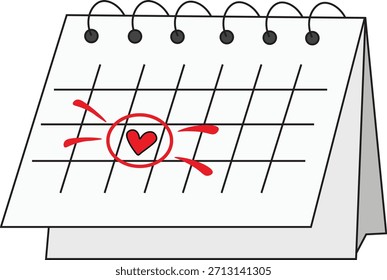 Una linda Ilustración vectorial de un calendario de escritorio con una fecha marcada resaltada por un corazón rojo.