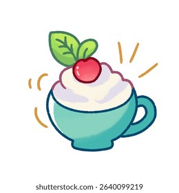 Cute vector illustration of a dessert cup with whipped cream, cherry, and mint leaves. Perfect for food icons, children’s illustrations, cafe menus, or kawaii-style designs.
