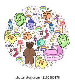 Cute vector illustration of diaper, nipple, bottle, pajamas, body, rattle, cradle