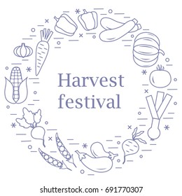 Cute vector illustration of different autumn seasonal vegetables arranged in a circle. Tomato, pepper, zucchini and other fall vegetables for announcement, advertisement, banner or print.