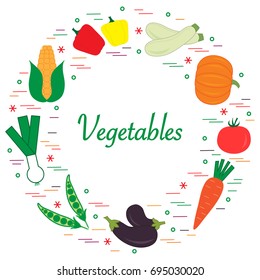 Cute vector illustration of different autumn seasonal vegetables arranged in a circle. Pumpkin, onion, eggplants and other fall vegetables for announcement, advertisement, banner or print.
