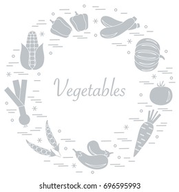 Cute vector illustration of different autumn seasonal vegetables arranged in a circle. Pumpkin, onion, eggplants and other fall vegetables for announcement, advertisement, banner or print.