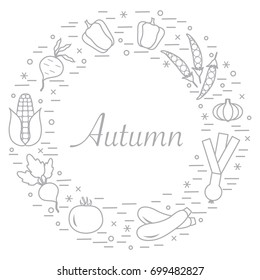 Cute vector illustration of different autumn seasonal vegetables arranged in a circle. Tomato, beets, garlic, zucchini and other fall vegetables. Design for poster or print.