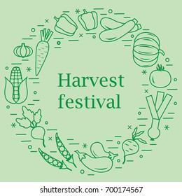 Cute vector illustration of different autumn seasonal vegetables arranged in a circle. Tomato, pepper, zucchini and other fall vegetables for announcement, advertisement, banner or print.