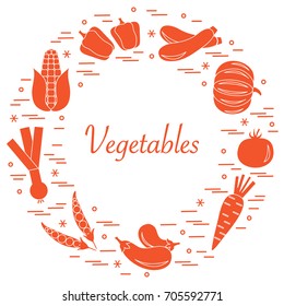 Cute vector illustration of different autumn seasonal vegetables arranged in a circle. Pumpkin, onion, eggplants and other fall vegetables for announcement, advertisement, banner or print.