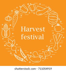 Cute vector illustration of different autumn seasonal vegetables arranged in a circle. Tomato, pepper, zucchini and other fall vegetables for announcement, advertisement, banner or print.