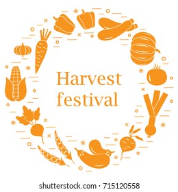 Cute vector illustration of different autumn seasonal vegetables arranged in a circle. Tomato, pepper, zucchini and other fall vegetables for announcement, advertisement, banner or print.