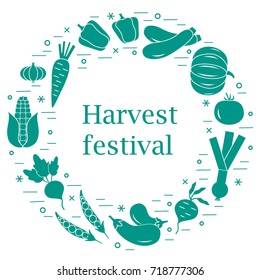 Cute vector illustration of different autumn seasonal vegetables arranged in a circle. Tomato, pepper, zucchini and other fall vegetables for announcement, advertisement, banner or print.