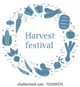 Cute vector illustration of different autumn seasonal vegetables arranged in a circle. Tomato, pepper, zucchini and other fall vegetables for announcement, advertisement, banner or print.
