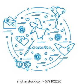 Cute vector illustration with different love symbols: hearts, air balloons, postal envelope, angel and other arranged in a circle. Romantic collection.
