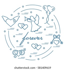 Cute vector illustration with different love symbols: hearts, air balloons, key, angel and other  arranged in a circle. Romantic collection.