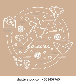 Cute vector illustration with different love symbols: hearts, air balloons, postal envelope, angel and other arranged in a circle. Romantic collection.