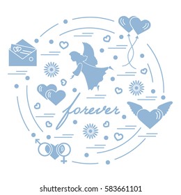 Cute vector illustration with different love symbols: hearts, air balloons, postal envelope, angel and other arranged in a circle. Romantic collection.