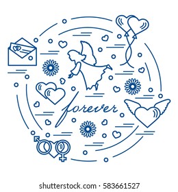 Cute vector illustration with different love symbols: hearts, air balloons, postal envelope, angel and other arranged in a circle. Romantic collection.
