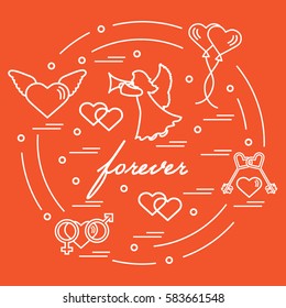 Cute vector illustration with different love symbols: hearts, air balloons, key, angel and other  arranged in a circle. Romantic collection.