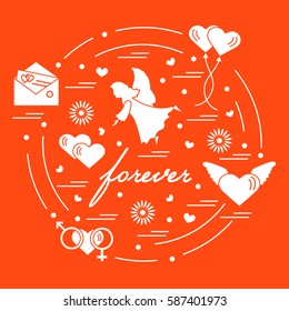 Cute vector illustration with different love symbols: hearts, air balloons, postal envelope, angel and other arranged in a circle. Romantic collection.