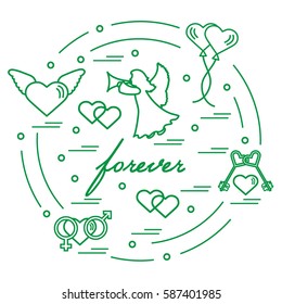 Cute vector illustration with different love symbols: hearts, air balloons, key, angel and other  arranged in a circle. Romantic collection.