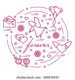Cute vector illustration with different love symbols: hearts, air balloons, postal envelope, angel and other arranged in a circle. Romantic collection.