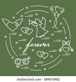 Cute vector illustration with different love symbols: hearts, air balloons, key, angel and other  arranged in a circle. Romantic collection.