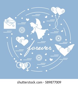 Cute vector illustration with different love symbols: hearts, air balloons, postal envelope, angel and other arranged in a circle. Romantic collection.