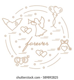 Cute vector illustration with different love symbols: hearts, air balloons, key, angel and other  arranged in a circle. Romantic collection.