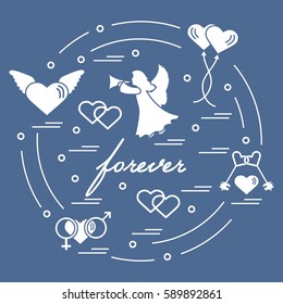 Cute vector illustration with different love symbols: hearts, air balloons, key, angel and other  arranged in a circle. Romantic collection.