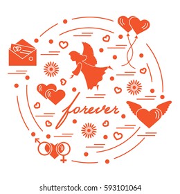 Cute vector illustration with different love symbols: hearts, air balloons, postal envelope, angel and other arranged in a circle. Romantic collection.
