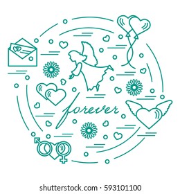 Cute vector illustration with different love symbols: hearts, air balloons, postal envelope, angel and other arranged in a circle. Romantic collection.