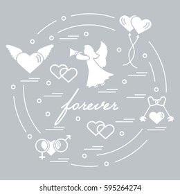 Cute vector illustration with different love symbols: hearts, air balloons, key, angel and other  arranged in a circle. Romantic collection.