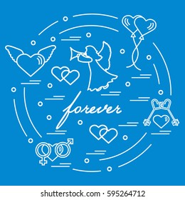 Cute vector illustration with different love symbols: hearts, air balloons, key, angel and other  arranged in a circle. Romantic collection.