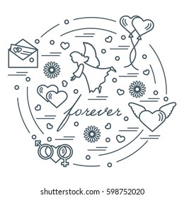 Cute vector illustration with different love symbols: hearts, air balloons, postal envelope, angel and other arranged in a circle. Romantic collection.