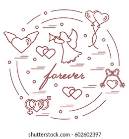 Cute vector illustration with different love symbols: hearts, air balloons, key, angel and other  arranged in a circle. Romantic collection.