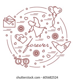 Cute vector illustration with different love symbols: hearts, air balloons, postal envelope, angel and other arranged in a circle. Romantic collection.